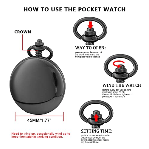 Image of Mens Pocket Watch Skeleton Mechanical Hand Winding Half Hunter Silver Black Golden Case Roman Numerals with Gift Box