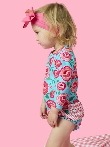 Image of RuffleButts Baby Girls UPF 50+ Sun Protection Floral Printed Long Sleeve One Piece Rash Guard Swimsuit with Zipper