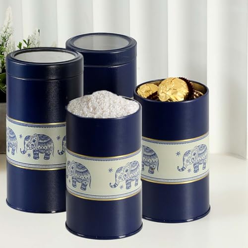 Image of Mandala Collection Airtight Kitchen Container Set| 850ML+1400ML- Set of 4| Food Grade Metal Jars for Spices, Snacks, Grain & Dry Food| Vacuum Lid, Rust Resistant| Blue Elephant Canisters