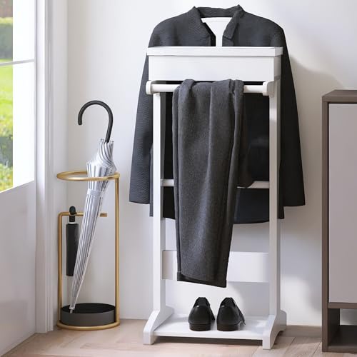 RELAHOGAR Mens Valet Stand with Top Tray Organizer, Shoe Shelf and Suit Rack, Wooden Clothes Valet Stand for Bedroom Entryway (White)