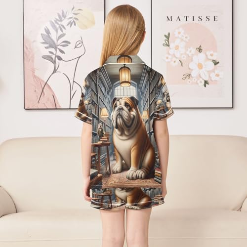 ALAZA Bulldog Bookshelf Library Bookworm Satin Pajamas Set Short Sleeve Button Down Sleepwear Summer Pjs 2 Piece4