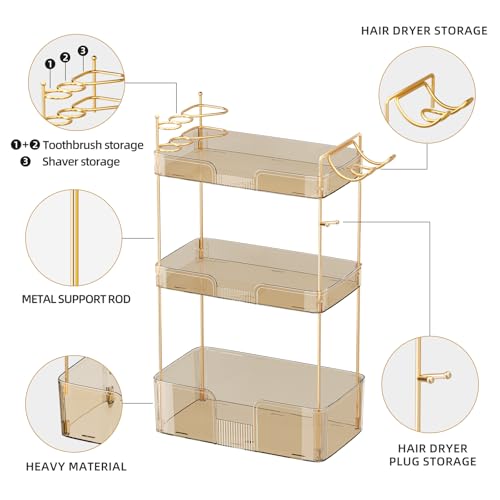 Bathroom Counter Organizer with Hair Dryer Holder, Hair Tool Countertop Storage, Cosmetics Skincare Shelf Organizer, Makeup Organizer Perfume for Dresser Vanity Tray(3 Tier-Gold) - Image 5