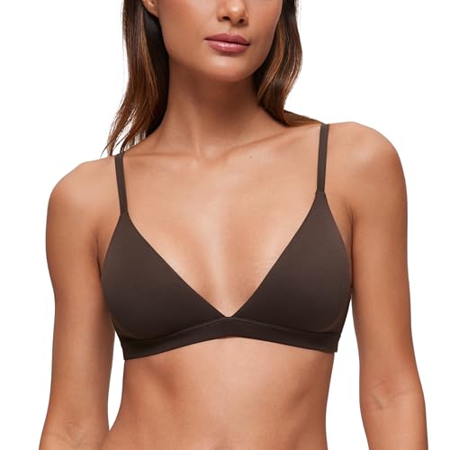 CRZ YOGA Softhold Double Lined Triangle Bralette - Womens Adjustable Straps Wireless Cami Plunge T-Shirt Everyday Bra Comfy Hot Fudge Brown Small