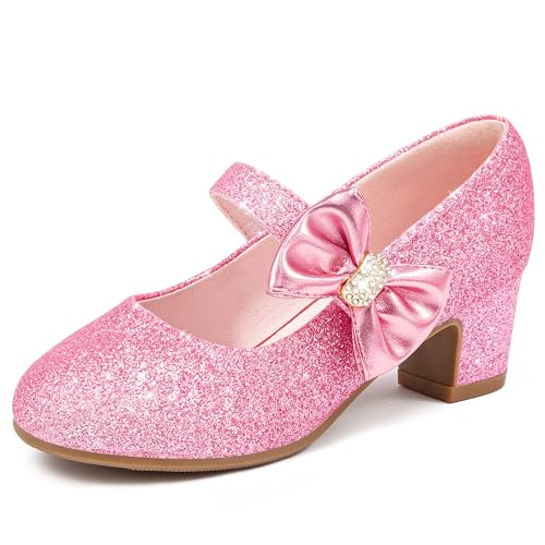 LAURMOSA Prinzessin Schuhe Mädchen 29 Glitzer Schuhe Mädchen Rosa Absatzschuhe Kinder Stöckelschuhe Kinder Kommunionschuhe Festliche Mary Jane mit Schleife Hochzeit Geburtstag Party (EUL1055ShPink 12)