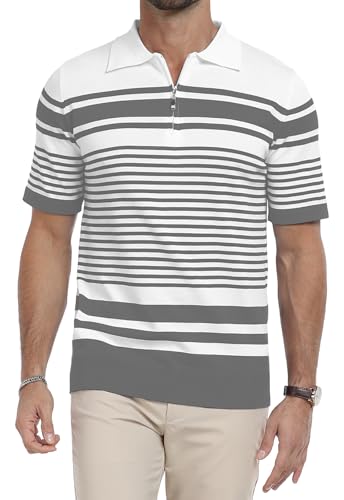 KUYIGO Polo para Hombre con Cuello de Punto, Manga Corta, Cremallera, Rayado miniatura 2