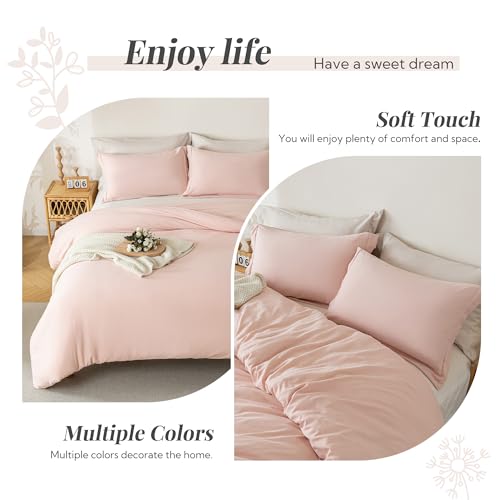 Image of MILDLY Duvet Cover 90 inchx98 inch Ultra Soft Comforter Cover Set 3pcs, Pink | Washed Microfiber Cotton-Like, Breathable Comfort, Hidden Zipper, 8 Corner Ties, OEKO-TEX Certified, Fade Resistant
