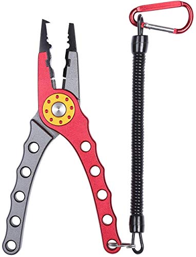Entsport Saltwater Fishing Pliers with Aluminum Handles and Stainless Steel Jaws Multi Function Fishing Pliers with Sheath Lanyard Braided Fishing Line Cutters Fish Hook Removal Tool (Red&Silver)