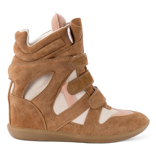 Image of Wedge Sneakers for Women Suede Tennis Shoes Hidden Wedges Round Toe Strappy High Top Sneakers Comfy Casual Walking Shoes