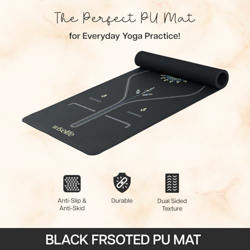 Image of WiseLife Alignment PU Rubber Professional Yoga Mat Carry Strap Extra Thick Extra Long Exercise floor mat for Gym, Workout,Fitness, Yoga and Pilates PURE PU Leather & Natural Rubber (Black 5mm)