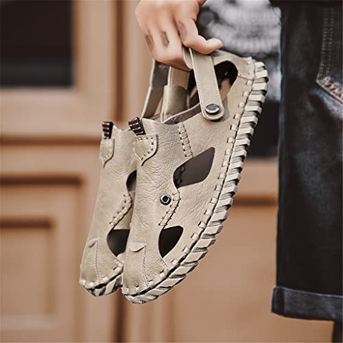 Men's Sandals Casual Closed Toe Hand Stitching Leather Outdoor Male Shoes Lightweight Beach Slippers(Gray,40)2