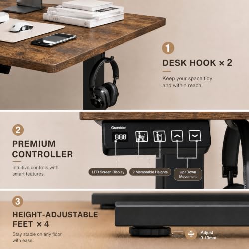 Image of Grandder 55x32 Extra-Deep Electric Standing Desk, Wide Desktop Fits 49 inch Ultrawide Monitor+Dual Screens, 176 lbs Capacity, 2 Memory Presets, Computer Desk for Home Office & Gaming, Rustic Brown