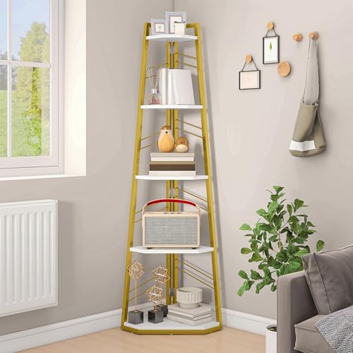 DWVO Eckregal 5 Ebenen, Eckbuchhandel mit Metallrahmen, Industrial Ladder -Bücherregal, Bodenständiges Displayregal, Hoher Speicherregal, für Wohnzimmer, Küche, Schlafzimmer, Gold und Weiß Standregal
