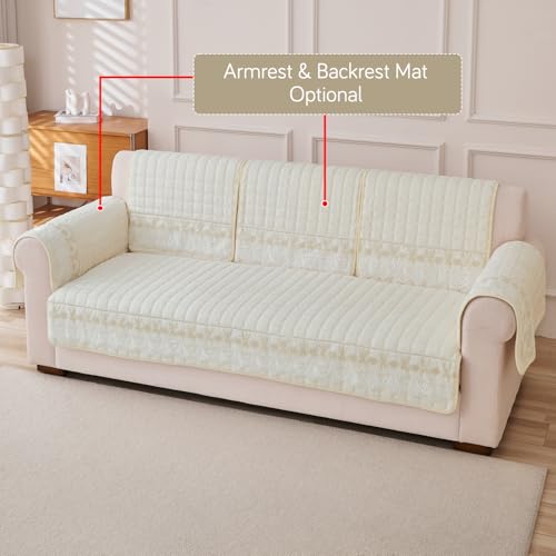 Image of HOKIPO 'BelleLace Series' Sofa Mat for 3 Seater and 2 Seater Sofa | Imperial Milk Velvet Sofa Cover with Lace Design | Pearl White (AR-5966+5964-WHT)