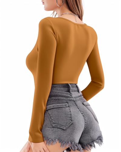 Image of MANGOPOP Women's Scoop Neck Long Sleeve Stretchy Basic Bodysuit Jumpsuits