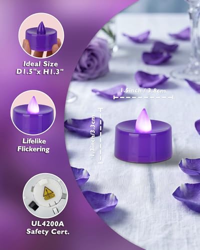 Image of Homemory Purple Tea Lights Candles Battery Operated, Flickering Flameless LED Votive Candles, Warm White Tealights for Halloween, Purple Wedding, Masquerade Party, Gothic Decor, Witchy Party, 12-Pack