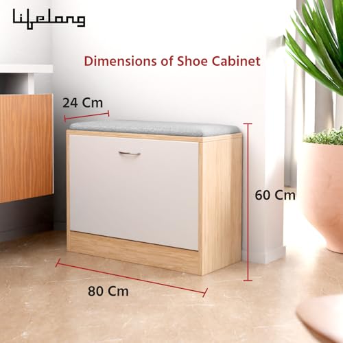 Image of Lifelong Wooden Shoe Rack with Cushioned Seat for Home Entryway | 2-Tier Flip Drawer Shoe Cabinet | Multipurpose Shoe Organizer Bench with Top Shelf | Sturdy Compact Storage Rack for Bedroom & Balcon