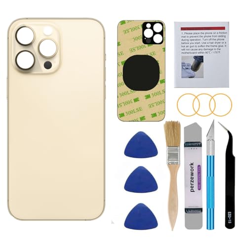 Perzework OEM Rear Back Glass Replacement for iPhone 14 Pro Max 6.7 inches with Reparing Toolkit and Pre-Installed Adhesive (Gold)