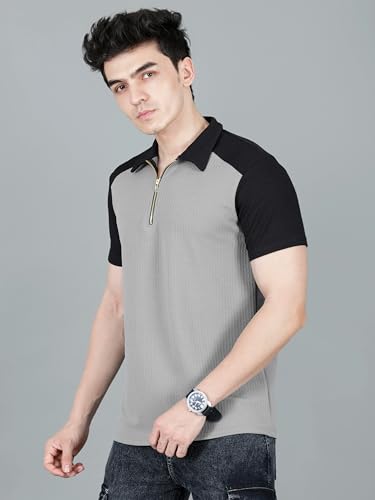 Image of London Hills Men's Loose Fit Half Sleeve Color Block Polo T-Shirt with Zip Collar | Premium Polyester Fabric | T Shirt for Man | Tshirt | Shirts Men | Tshirt for Man | Men T-Shirts