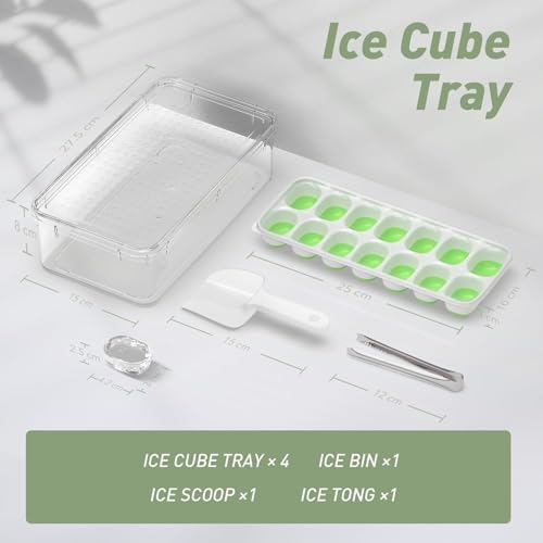 Image of ChefAide Ice Cube Tray with Lid and Bin, 4 Packs 56 Cubes Silicone Plastic Ice Cube Trays for Freezer, Stackable Ice Tray with Container, Ice Scoop,Ice Tong for Drinks, Coffee and Cocktails Green