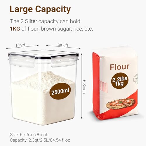 Set of 4 2.5L Flour Storage Containers, Plastic Airtight Food Storage Containers with Lids, Large Clip-Lock Kitchen Storage Containers for Cereal, Rice, Pasta, Sugar, BPA-Free Pantry Storage - Image 3