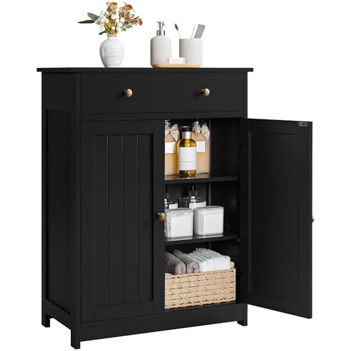 Yaheetech Bathroom Storage Cabinet with 1 Drawer and 2 Doors Bathroom Floor Cabinet with Adjustable Shelf Wooden Storage Units for Living Room Entryway Small Space Black