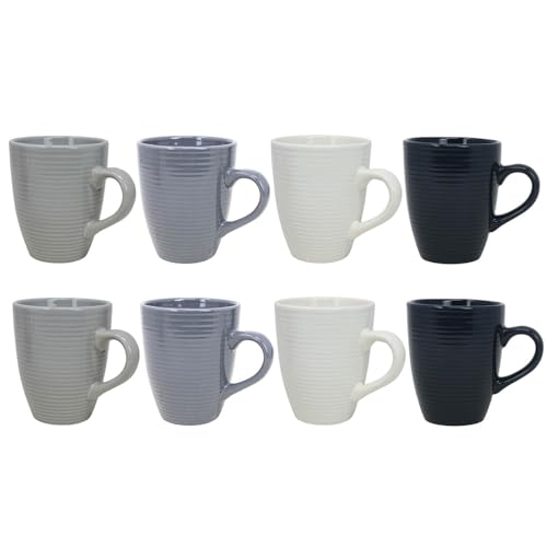UNIQUE HOME LIVING Grey Stoneware Coffee Mugs Set of 8, 320ml Tea and Coffee Cups, Dishwasher and Microwave Safe, Chip-Resistant Stoneware Mug Set for Tea, Latte, Cappuccino, Mocha, Hot Chocolate