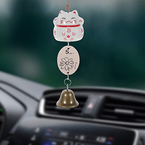 Tofficu Ceramic Japanese Maneki Neko Cat Wind Chime Lucky Cat Wind Bell Feng Shui Fortune Cat Hanging Pendant For Car Home Decor White #TOP3