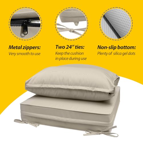 Image of AAAAAcessories Outdoor Seat Cushions for Chairs, Fade-Resistant, Waterproof Patio Furniture Replacement Cushions, 23.5 inch x 25.5 inch x 5 inch + 23.5 inch x 13.5 inch, Set of 2, Khaki Beige