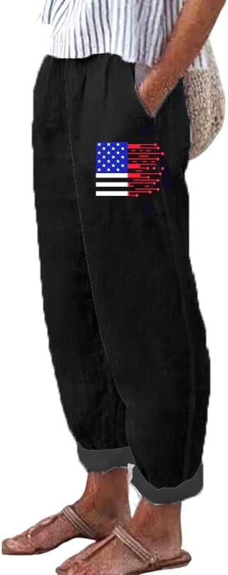 Women's Summer Boho Pant Casual Floral Print Cotton Linen Baggy Pants with Elastic Waist Relax Loose Fit Trouser