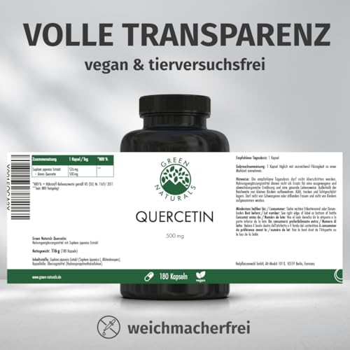 Green Naturals® Quercetin Kapseln – Hochdosiert: 500 mg mit natürlichem Japanischen Schnurrbaum (Sophora Japonica) – 100% Vegan & ohne Zusätze – 180 Kapseln (6 Monate)