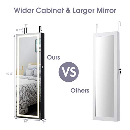 Giantex Jewelry Cabinet Box Armoire Door Wall Mount, Lockable Touch Screen Light Full Length Mirror 47.5In, Inside Makeup Mirrored Storage Jewelry Box Organizer With Lipstick Holder (Black) #TOP5