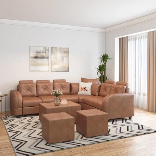 Image of FURNY Desiroy 8 Seater Leatherette Sectional Corner Modular L Shape Sofa Set with 1 Centre Table & 2 Puffy (Brown)