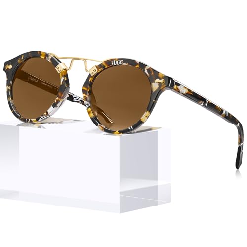 CARFIA Double Bridge Small Brown Acetate Sunglasses for Women Polarized, Retro Metal Brow Lady Sunnies Fashion Round Eyewears