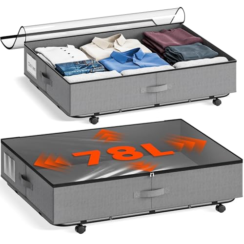 XXXL 78L Under Bed Storage on Wheels, 2-Pack Rolling Storage Containers with Clear Lid & Label, Heavy-Duty Metal Frame, Easy Pull-out, Underbed Storage Bins for Clothes, Shoes, Blankets, and Toys