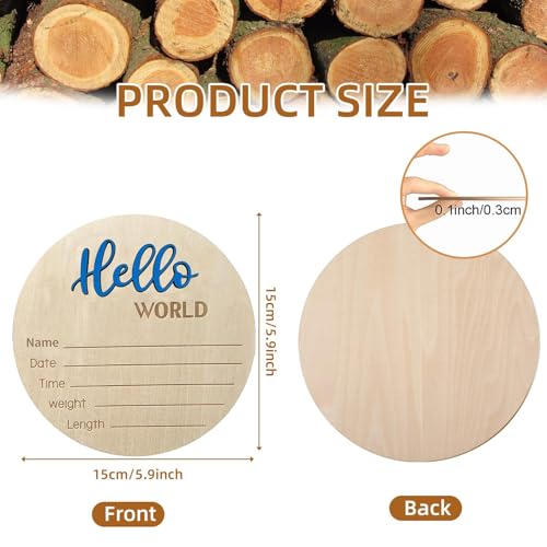 Image of Baby Announcement Sign, ​5.9 Inch Wooden Hello World Newborn Signs, Birth Announcement Sign, Baby Shower Hospital Nursery for Newborn Boys and Girls (Blue,Pen)