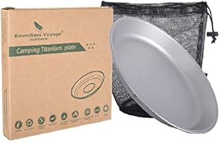 iBasingo Titanium Plate Bowl Metal Dishes Set Outdoor Camping Tableware Lightweight Portable Dinnerware Travel Picnic Hiking Grey Service Plates Durable Flatware with Mesh Bag