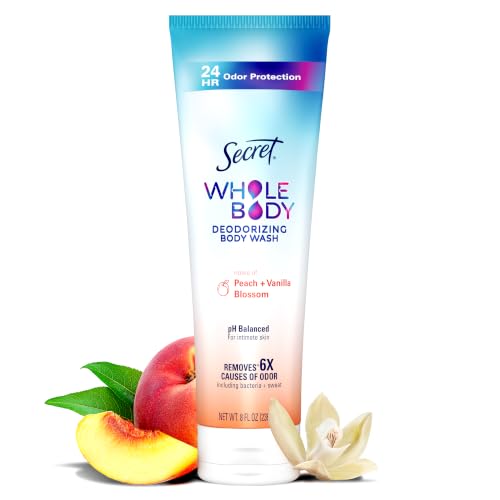 Secret Feminine Wash 24 HR Deodorizing Feminine Body Wash for Women Removes 6x Causes of Odor PH Balanced Safe to Use Everywhere Peach & Vanilla Blossom Scent 8.0 oz