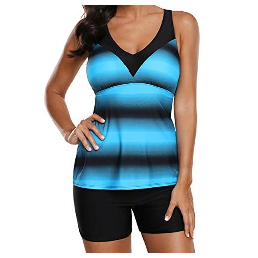 Ocean Plus Damen Zweiteilig X-Back Tankini Set mit Schwarz Hotpants mit Langer Badeshorts Farbverlauf Gestreift Bademode Shorts mit Bügeln (M (EU 38-40), Blau Shorts)