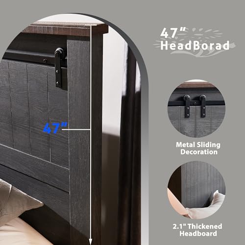 Image of IFGET Farmhouse Full Size Bed Frame with 47 inch Headboard, Wood Bed Frame with Groove Sliding Barn Door Footboard, Platform Bed with Wood Slats Support, No Box Spring Needed (Dark Grey)