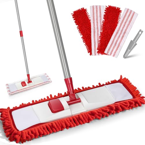 Eukue Bodenwischer Set, Chenille Wsichmopp mit 4 Moppkopf, Mikrofaser Wischer Flachmop Set mit Einstellbar Edelstahlgriff Geeignet für Alle Boden, Rot