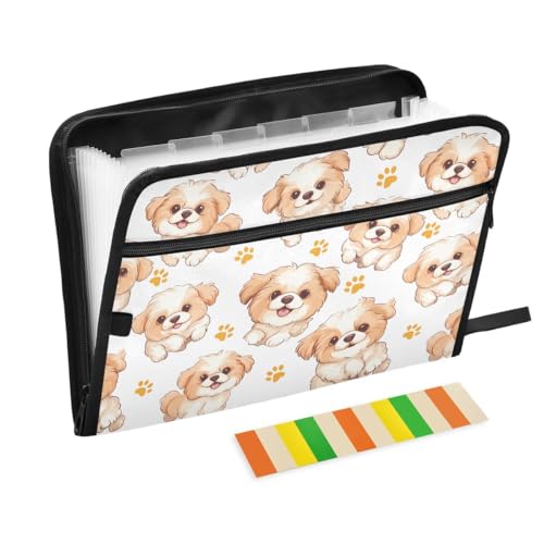 ALAZA Puppy Dog Footprint Expandable Filing Folder Storage Organiser Box Files, 13 Pockets Zip Filing Folders for Home or Office Documents