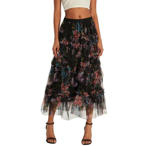 Women's Mesh Floral Skirt Ruffle Irregular Trim Flowy A-line Boho Summer Midi Skirts 2025