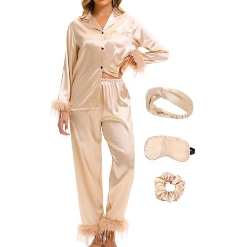 EPLAZA 2 Pcs Silk Pyjamas for Women Satin Pyjama Set Feather Trim Long Sleeve Button-Down Pj Set Lounge Sleepwear with Pocket