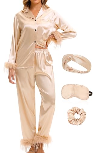EPLAZA 2 Pcs Silk Pyjamas for Women Satin Pyjama Set Feather Trim Long Sleeve Button-Down Pj Set Lounge Sleepwear with Pocket