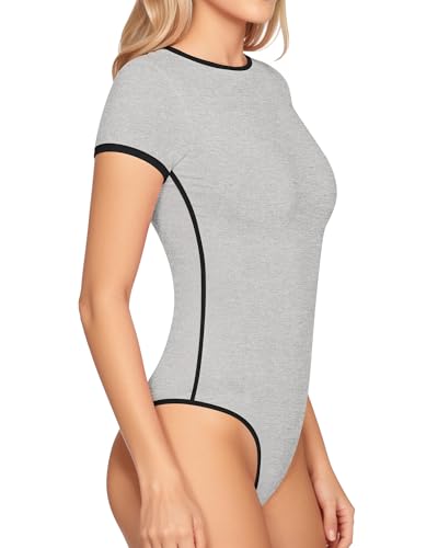 Image of MANGOPOP Women's Round Neck Short Sleeve Bodysuit T Shirts Basic Body Suit Tops