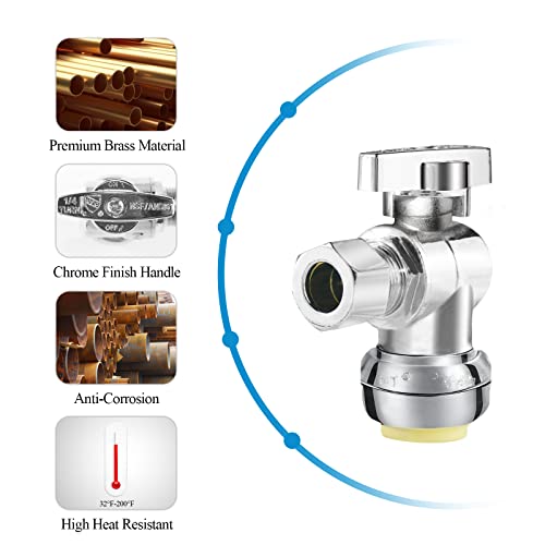 WiseWater 1/4 Turn Push Fit Angle Stop Valve, 3/8\" O.D x 1/2\" Push Shut Off Water Valve with Disconnect Clip, Push to Connect Brass Plumbing Fitting for Copper, PEX, CPVC, PE-RT Pipes (Pack of 10) - Thumbnail 4