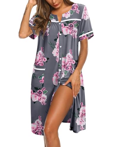 Image of Ekouaer Nightgowns for Women Hospital Gown with Pockets Button Down Sleep Shirt Short Sleeve Sleepwear Pajama Loungewear Grey Flower Large