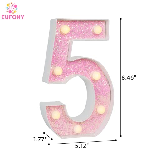 Image of Pink Glitter Marquee Light Up Numbers, LED Number Lights Battery Operated for Girls 5th 15th Pink Birthday Party Table Decorations, Wall Decor for Girls Bedroom, Number 5 Sign Warm White Lights