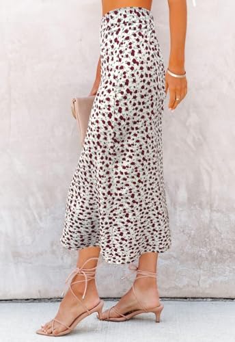 Image of HERBATOMIA Women's Floral Print Midi Skirt Casual High Elastic Waist Zipper Vintage Long Boho Skirts for Women