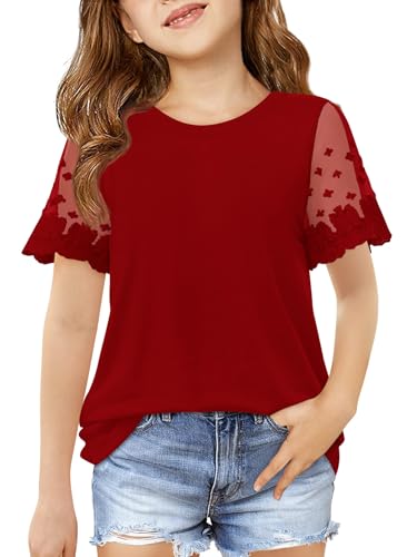 Image of Haloumoning Girls Lace Short Sleeve T Shirts Kids Summer Crewneck Tunic Tops Curved Hem 5-14 Years